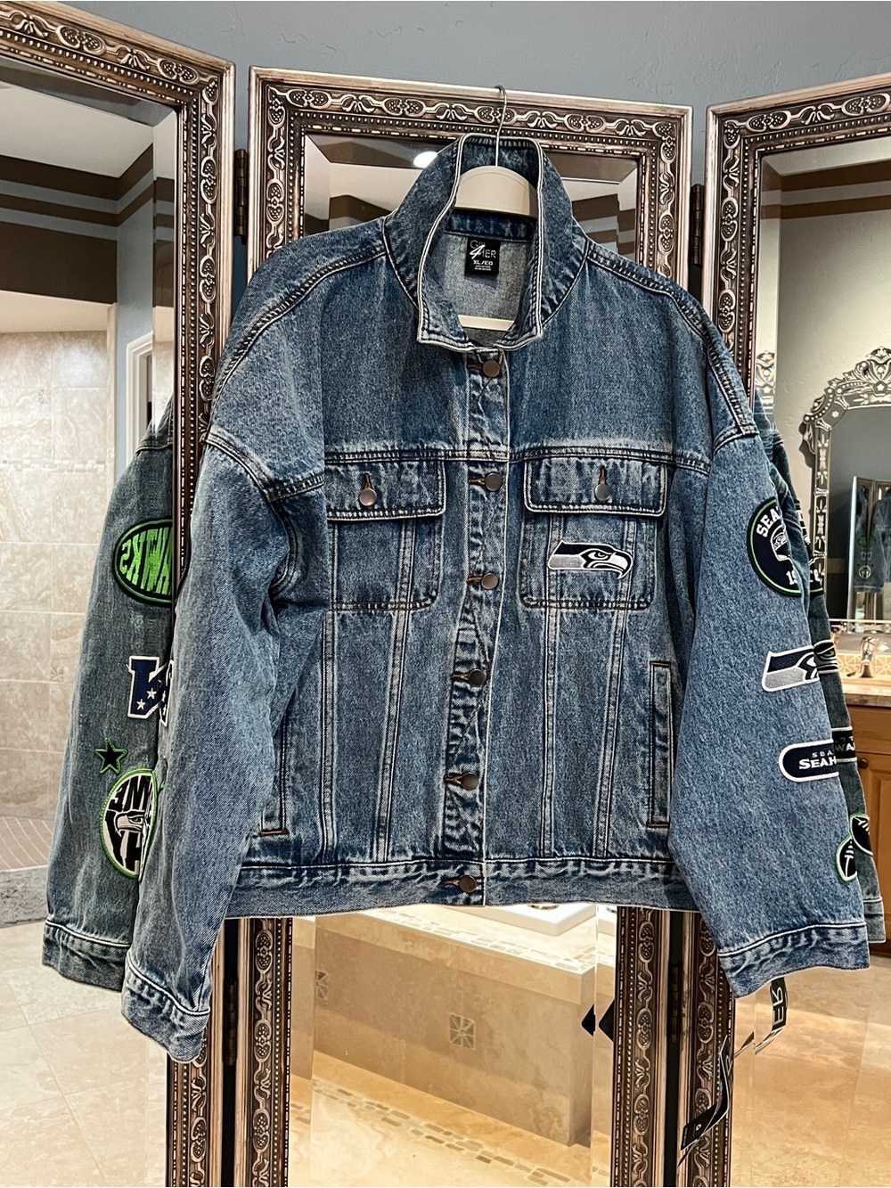 NFL Officially Licensed Seahawks Women’s Denim Jacket with Team Patches - Sz XL